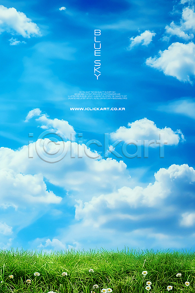 사람없음 PSD 편집이미지 구름(자연) 들꽃 초록색 초원(자연) 카피스페이스 파란색 풍경(경치) 하늘