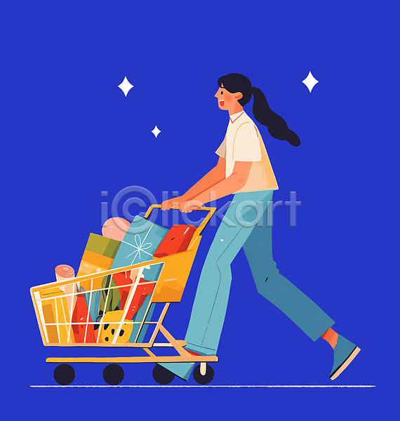즐거움 행복 성인 성인여자한명만 여자 한명 PSD 일러스트 걷기 반짝임 쇼핑 쇼핑카 여름(계절) 이벤트 전신 파란색