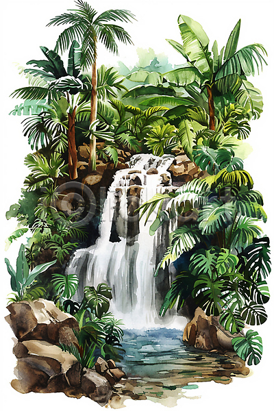 분위기 사람없음 JPG 일러스트 나무 물 백그라운드 붓터치 수채화(물감) 숲 잎 자연 초록색 포스터 폭포 풍경(경치)