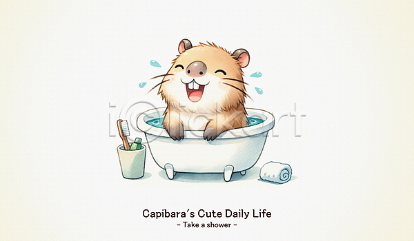 귀여움 사람없음 PSD 일러스트 갈색 동물 목욕 물 미소(표정) 백그라운드 수건 욕실 욕조 일상 치약 칫솔 카피바라 캐릭터 타이포그라피