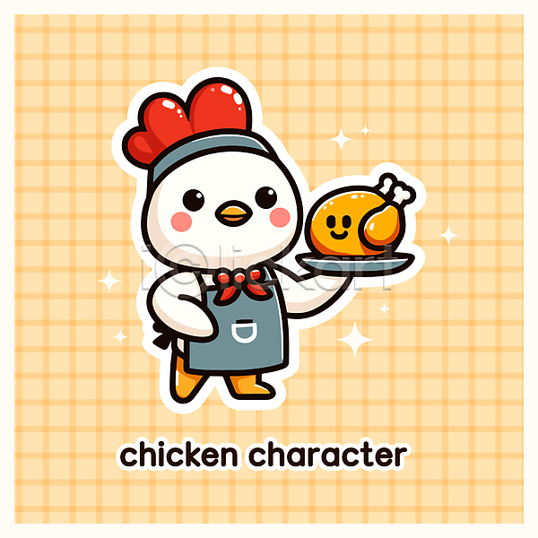 행복 사람없음 AI(파일형식) 일러스트 격자 노란색 닭벼슬 닭캐릭터 들기 미소(표정) 반짝임 앞치마 요리 요리사 접시 치킨 캐릭터 허리손