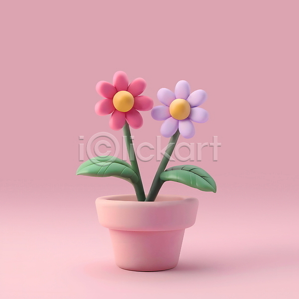 사람없음 3D PSD 편집이미지 꽃 봄 분홍색 오브젝트 잎 점토 화분