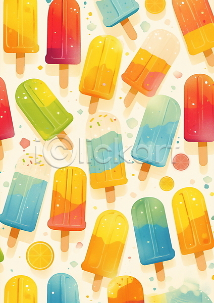 행복 사람없음 JPG 일러스트 과일 단면 디자인 막대기 밝음 아이스크림 여름(계절) 조각 컬러풀 키치 파스텔톤 패턴
