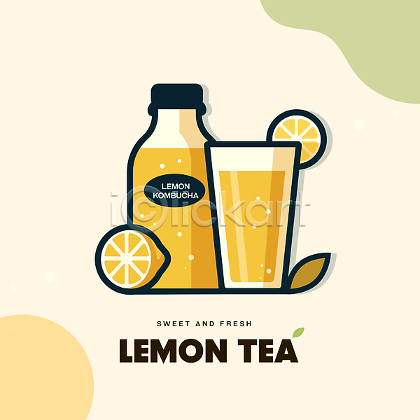 달콤 사람없음 AI(파일형식) 일러스트 노란색 단면 레몬 레몬티 백그라운드 병(담는) 잎 잔 조각 타이포그라피 탄산음료