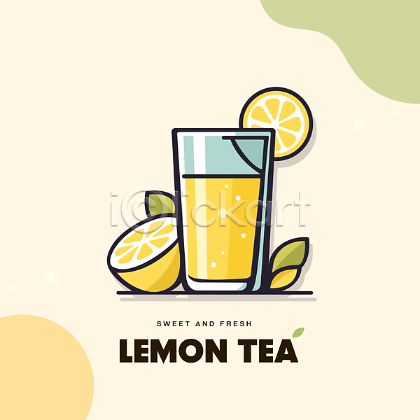 달콤 사람없음 AI(파일형식) 일러스트 노란색 단면 레몬 레몬티 백그라운드 잎 잔 조각 타이포그라피 탄산음료