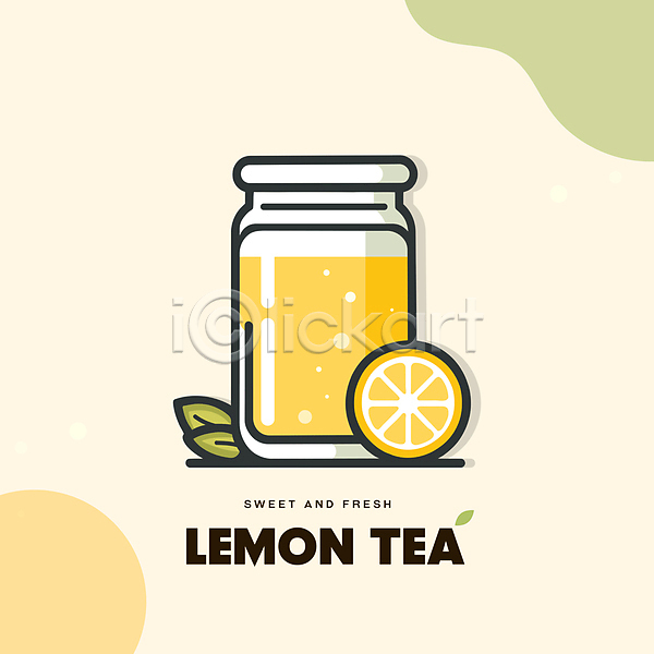 달콤 사람없음 AI(파일형식) 일러스트 노란색 단면 레몬 레몬티 백그라운드 병(담는) 잎 조각 타이포그라피 탄산음료