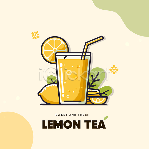 달콤 사람없음 AI(파일형식) 일러스트 노란색 단면 레몬 레몬티 백그라운드 빨대 잎 잔 조각 타이포그라피 탄산음료
