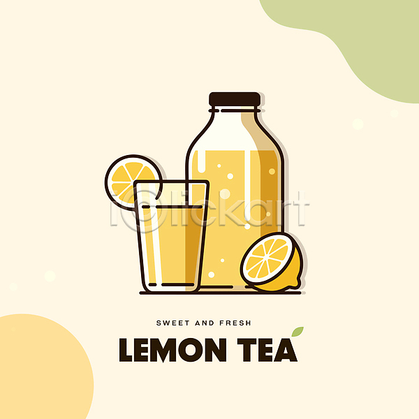 달콤 사람없음 AI(파일형식) 일러스트 노란색 단면 레몬 레몬티 백그라운드 병(담는) 잔 조각 타이포그라피 탄산음료