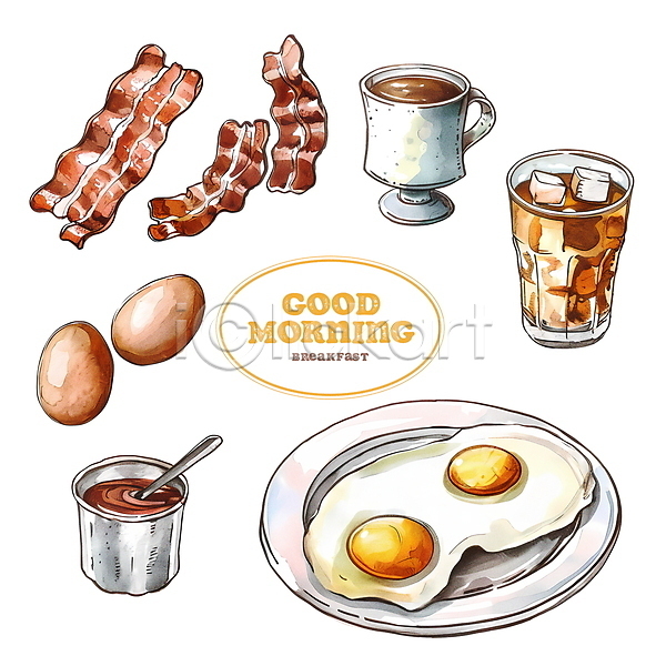 분위기 사람없음 PSD 디지털합성 편집이미지 계란 계란프라이 베이컨 브런치 소스(음식) 소시지 아침식사 얼음 접시 커피 커피잔 편집소스