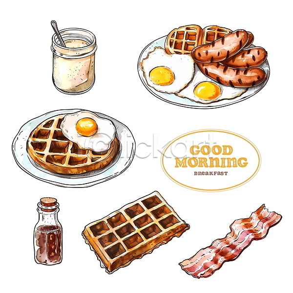 분위기 사람없음 PSD 디지털합성 편집이미지 계란 계란프라이 베이컨 병(담는) 브런치 소스(음식) 소시지 수저 아침식사 와플 접시 코르크 편집소스