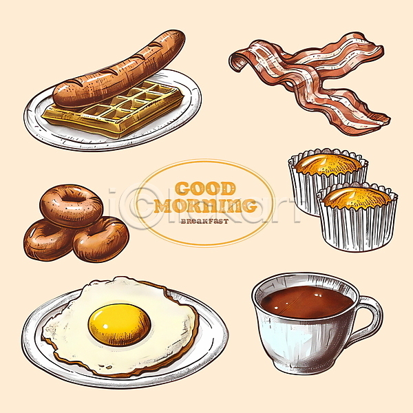 분위기 사람없음 PSD 디지털합성 편집이미지 계란 계란프라이 도넛 머핀 베이컨 아침 아침식사 접시 커피 커피잔 편집소스