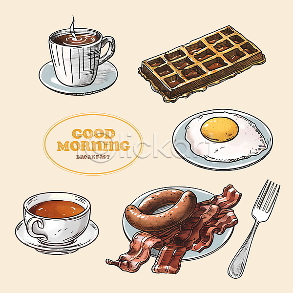 분위기 사람없음 PSD 디지털합성 편집이미지 계란 계란프라이 베이컨 소시지 수증기 아침 아침식사 와플 접시 차(음료) 찻잔 커피 컵받침 코코아 편집소스 포크