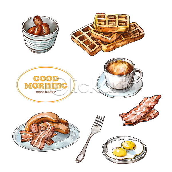 분위기 사람없음 PSD 디지털합성 편집이미지 감자 계란 계란프라이 그릇 베이컨 브런치 소시지 아침식사 와플 접시 커피 커피잔 컵받침 편집소스 포크