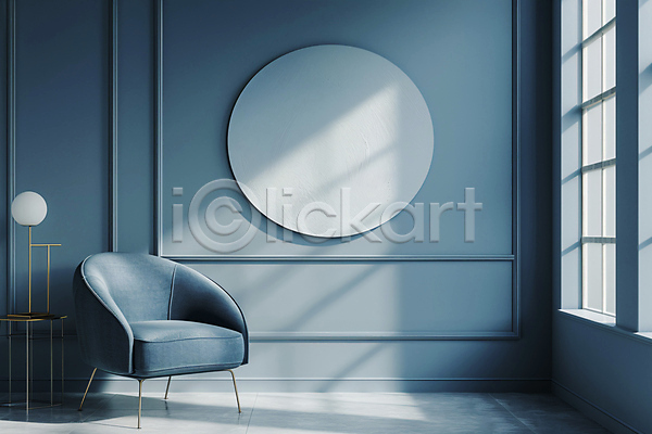감성 사람없음 JPG 편집이미지 공간 그림자 백그라운드 스탠드 액자 오브젝트 의자 인테리어 창문 카피스페이스 파란색 햇빛