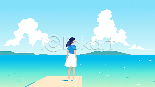감성 산책 상쾌 시원함 성인 성인여자한명만 여자 한명 AI(파일형식) 일러스트 걷기 구경 구름(자연) 모래사장 백그라운드 부둣가 산 여름배경 여름풍경 여름휴가 전신 파란색 하늘