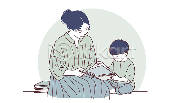 남자 두명 성인 소년 어린이 여자 AI(파일형식) 일러스트 놀이 눈감음 독서 돌봄 마주보기 상반신 앉기 엄마 육아 읽기 전신 책