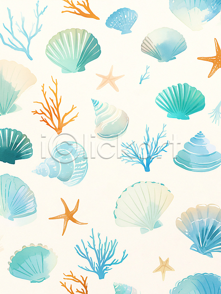 시원함 사람없음 JPG 일러스트 바다 불가사리 산호 수채화(물감) 여름(계절) 자연 조개 조개껍데기 질감 패턴