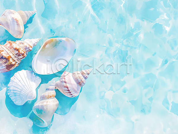 시원함 사람없음 JPG 일러스트 물결 바다 수채화(물감) 여름(계절) 자연 조개 조개껍데기 질감 청량 투명