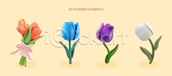 사람없음 3D PSD 편집이미지 개화 꽃다발 꽃잎 리본 세트 잎 튤립