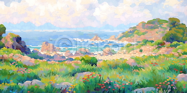 평화 사람없음 JPG 일러스트 구름(자연) 꽃밭 나무 들꽃 바다 백그라운드 자연 초록색 풍경(경치) 하늘