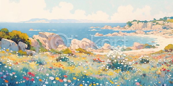 산책 평화 사람없음 JPG 일러스트 구름(자연) 꽃밭 나무 들꽃 백그라운드 자연 파란색 풍경(경치) 하늘 해변