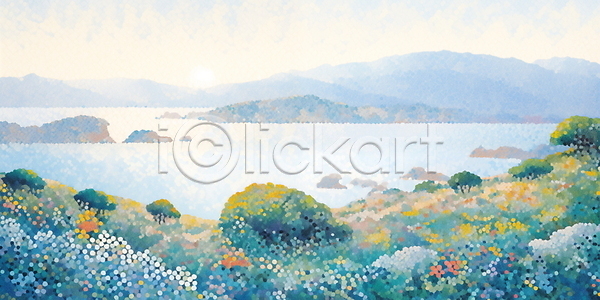 평화 사람없음 JPG 일러스트 구름(자연) 꽃밭 나무 들꽃 바다 백그라운드 자연 풍경(경치) 하늘 하늘색