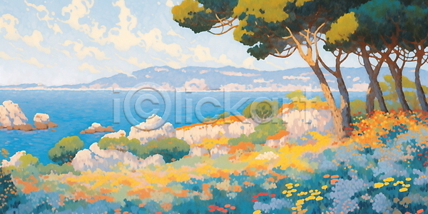 산책 평화 사람없음 JPG 일러스트 구름(자연) 꽃밭 나무 들꽃 마을 바다 백그라운드 숲 자연 초록색 하늘
