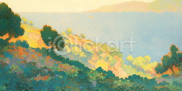 평화 사람없음 JPG 일러스트 나무 노란색 마을 백그라운드 산 자연 풍경(경치) 하늘