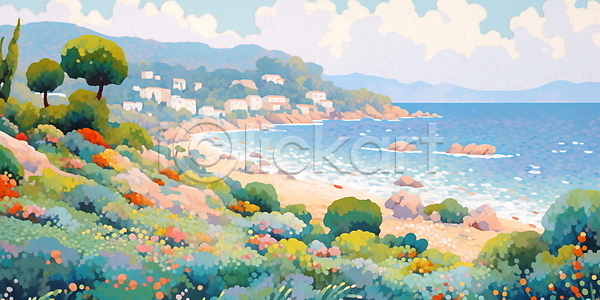 평화 휴식 사람없음 JPG 일러스트 구름(자연) 꽃밭 나무 들꽃 마을 백그라운드 여름(계절) 자연 하늘 하늘색 해변