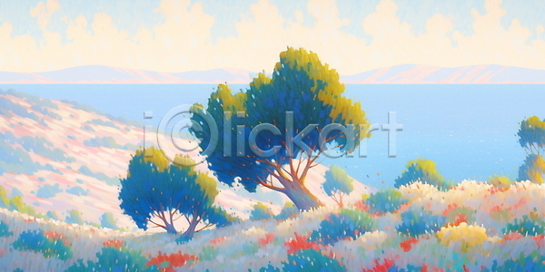 평화 사람없음 JPG 일러스트 구름(자연) 나무 바다 백그라운드 언덕 자연 파란색 풍경(경치) 하늘