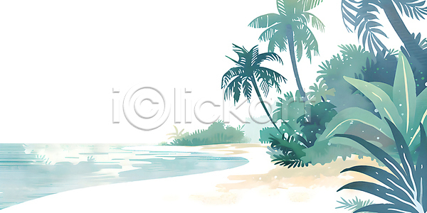 휴식 사람없음 PSD 일러스트 나무 나뭇잎 모래 물 백그라운드 야자수 여름(계절) 열대 자연 초록색 카피스페이스 트로피컬아트 풀(식물) 풍경(경치) 하늘 해변