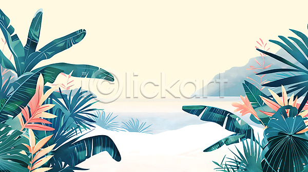 휴식 사람없음 PSD 일러스트 강 나뭇잎 모래 백그라운드 산 여름(계절) 열대 자연 초록색 카피스페이스 트로피컬아트 풀(식물) 풍경(경치) 하늘 해변