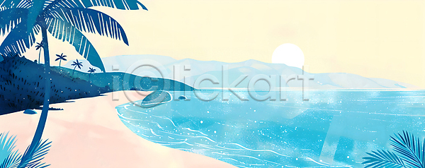 휴식 사람없음 PSD 일러스트 나무 나뭇잎 돌(바위) 모래 물 바위 백그라운드 산 섬 야자수 여름(계절) 열대 자연 잔디 카피스페이스 태양 트로피컬아트 파란색 풀(식물) 풍경(경치) 하늘 해 해변