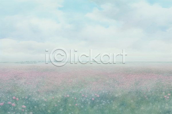 감성 사람없음 JPG 일러스트 구름(자연) 들꽃 백그라운드 분홍색 붓터치 수채화(물감) 자연 질감 초원(자연) 파스텔 풍경(경치) 하늘