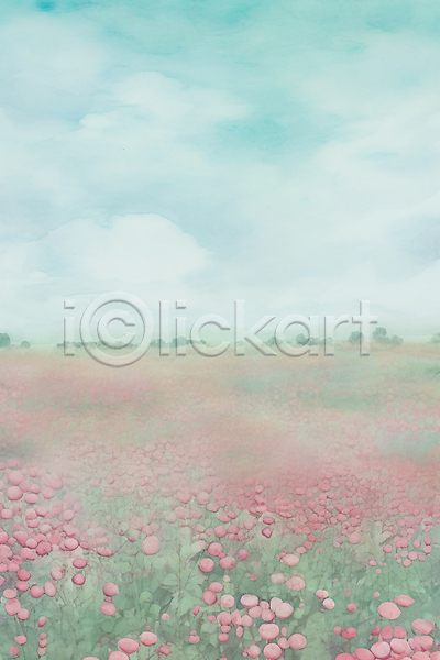 감성 사람없음 JPG 일러스트 구름(자연) 들꽃 백그라운드 분홍색 붓터치 수채화(물감) 자연 질감 초원(자연) 파스텔 풍경(경치) 하늘