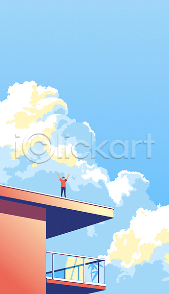 성공 남자 성인 성인남자한명만 한명 AI(파일형식) 일러스트 건물 구름(자연) 만세 발코니 백그라운드 비즈니스 빌딩 여름(계절) 옥상 전신 직장인 카피스페이스 파란색 하늘