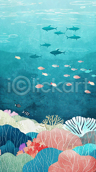 사람없음 PSD 일러스트 말미잘 물 물고기떼 바다 바닷속 백그라운드 산호 열대어 자연 파란색 풍경(경치) 해초