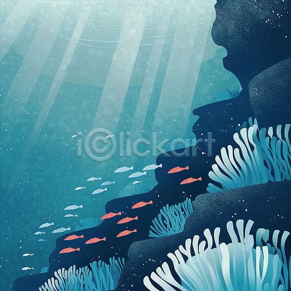 분위기 사람없음 PSD 일러스트 거품 말미잘 물 물고기떼 물방울 바다 바닷속 바위 백그라운드 빛 산호 어류 자연 파란색 풍경(경치) 해초