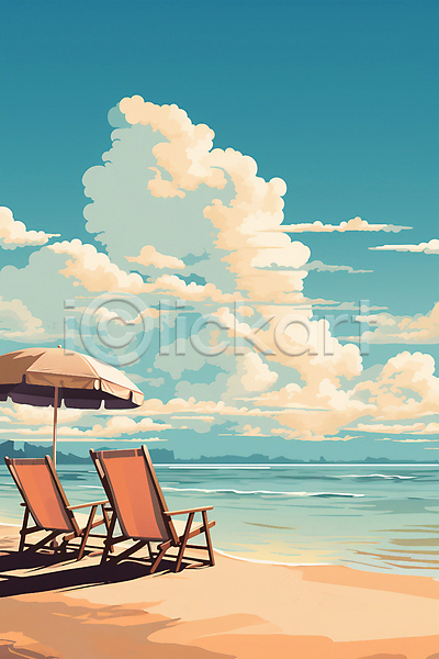 사람없음 JPG 일러스트 구름(자연) 백그라운드 여름(계절) 의자 자연 파라솔 포스터 풍경(경치) 하늘 해변