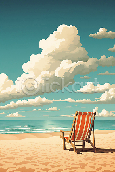 사람없음 JPG 일러스트 구름(자연) 백그라운드 여름(계절) 의자 자연 포스터 풍경(경치) 하늘 해변
