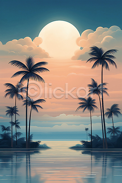 사람없음 JPG 일러스트 구름(자연) 나무 노을 물결 반사 백그라운드 야자수 여름(계절) 자연 포스터 풍경(경치) 하늘 해변