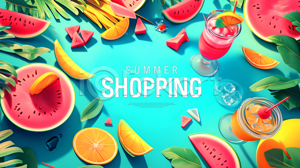 사람없음 PSD 템플릿 그림자 단면 배너 세일 쇼핑 수박 야자수 야자수잎 얼음 여름(계절) 오렌지 음료 잔 조각 파란배경