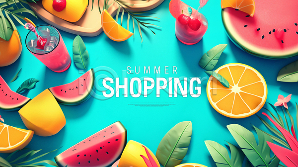 사람없음 PSD 템플릿 그림자 단면 배너 세일 쇼핑 수박 야자수 야자수잎 얼음 여름(계절) 오렌지 음료 잔 조각 파란배경