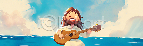 남자 성인 성인남자한명만 한명 JPG 일러스트 구름(자연) 기도 기독교 기타 들기 바다 백그라운드 성경학교 여름성경학교 연주 예수 천주교 파란색 풍경(경치) 하나님 하늘