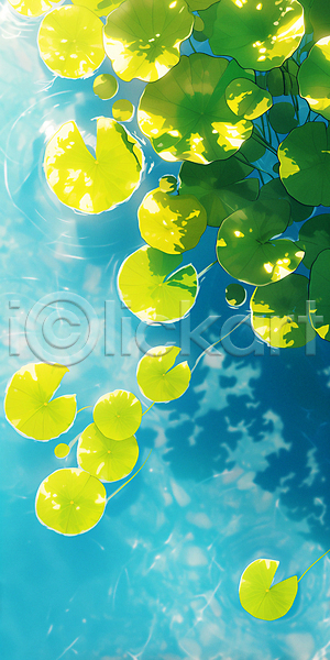 사람없음 JPG 일러스트 물 백그라운드 봄 여름(계절) 연두색 연못 연잎 파란색 풍경(경치)