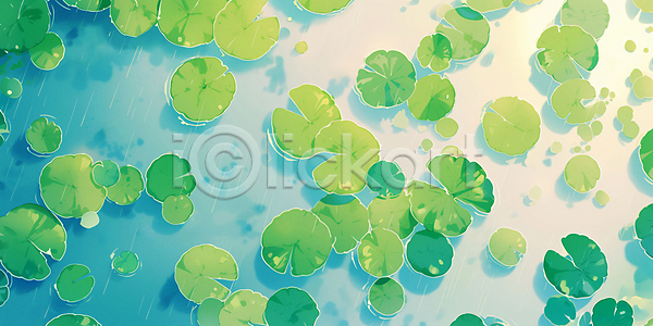사람없음 JPG 일러스트 물 백그라운드 봄 여름(계절) 연두색 연못 연잎 파란색 풍경(경치)