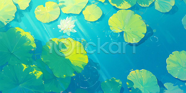사람없음 JPG 일러스트 물 백그라운드 봄 여름(계절) 연꽃(꽃) 연두색 연못 연잎 파란색 풍경(경치)
