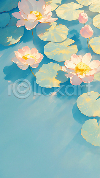 사람없음 JPG 일러스트 물 백그라운드 봄 여름(계절) 연꽃(꽃) 연못 연잎 파란색 풍경(경치)
