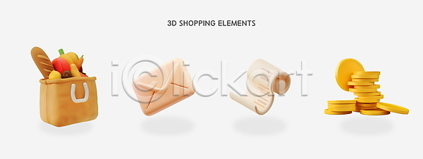 전자상거래 사람없음 3D 3D아이콘 PSD 디지털합성 아이콘 입체 거래 동전 메시지 베이지색 상업 쇼핑 쇼핑백 영수증 온라인쇼핑 음식 이메일 장바구니 편지