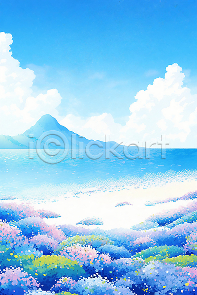사람없음 JPG 일러스트 구름(자연) 꽃밭 바다 섬 여름(계절) 여름풍경 파란색 풍경(경치) 하늘